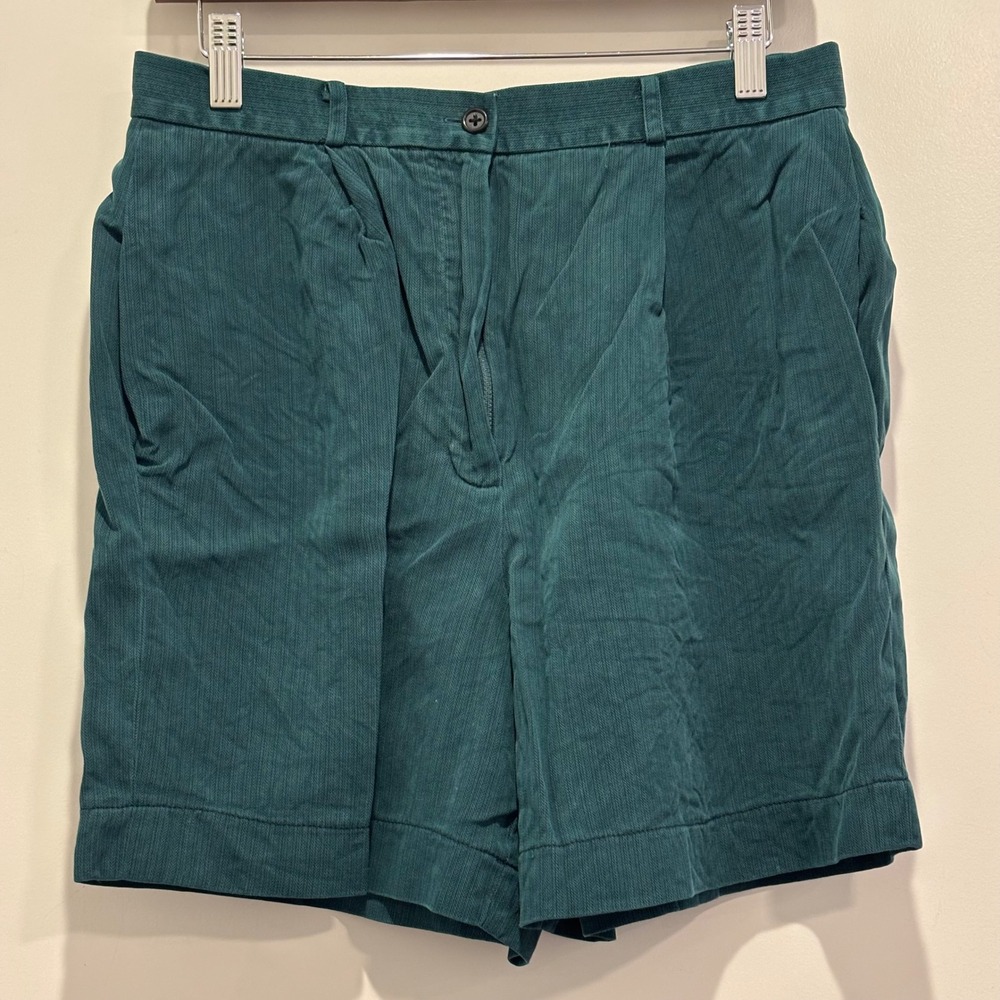 Carlisle Women 12 Teal Green Silk Wool Herringbone Pleated High Waist Shorts